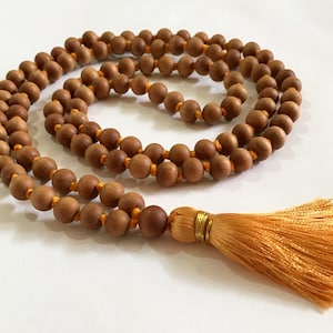 Sandalwood Mala Necklace 8 mm 108 knotted Sandalwood Japa Mala, Wood Bead Necklace, Sandalwood Rosary Hindu Buddhist Prayer Beads Tibetan image 4