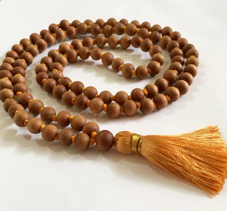 Sandalwood Mala Necklace 8 mm 108 knotted Sandalwood Japa Mala, Wood Bead Necklace, Sandalwood Rosary Hindu Buddhist Prayer Beads Tibetan image 4