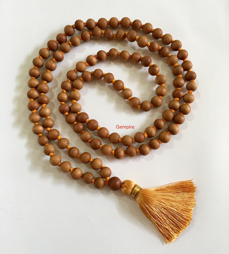 Sandalwood Mala Necklace 8 mm 108 knotted Sandalwood Japa Mala, Wood Bead Necklace, Sandalwood Rosary Hindu Buddhist Prayer Beads Tibetan image 2