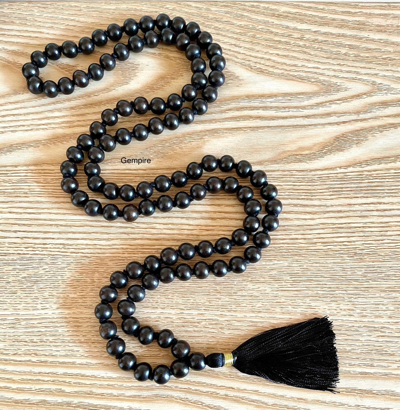 Ebony Wood Mala Necklace, 108+1 beads, knotted with a tassel