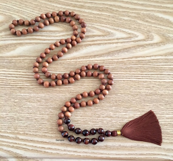 108 Sandalwood Rosary Sandalwood Buddhist Mala Prayer Beads Red Tigers Eye Mala Necklace 8 mm Japa Mala Beads 108 Sandalwood Mala