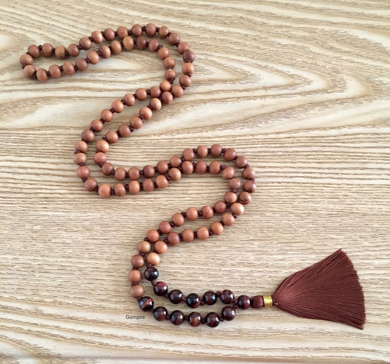 108 Sandalwood Rosary Sandalwood Buddhist Mala Prayer Beads Red Tigers Eye Mala Necklace 8 mm Japa Mala Beads 108 Sandalwood Mala