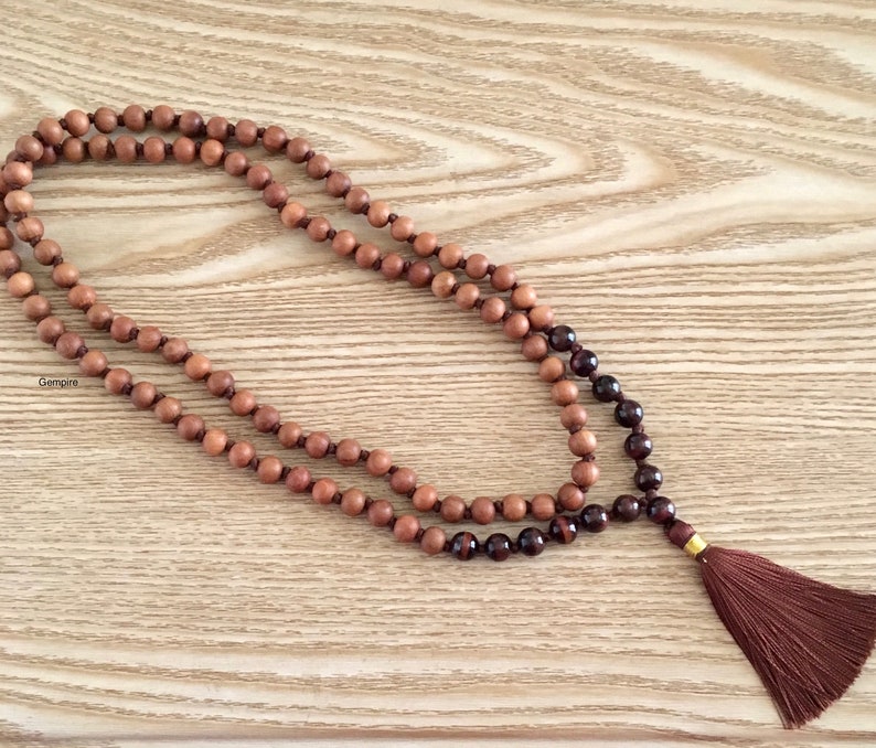 108 Sandalwood Rosary Sandalwood Buddhist Mala Prayer Beads Red Tigers Eye Mala Necklace 8 mm Japa Mala Beads 108 Sandalwood Mala