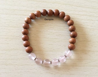 Sandalwood Bracelet- Rose Quartz Bracelet 8 mm, Pink Gemstone Stacking bracelet, Heart Chakra Bracelet for Her, Healing Bracelet Love