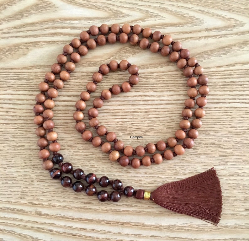 108 Sandalwood Rosary Sandalwood Buddhist Mala Prayer Beads Red Tigers Eye Mala Necklace 8 mm Japa Mala Beads 108 Sandalwood Mala