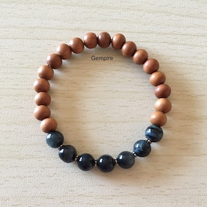 Sandelholz Armband - Blau Tigerauge Armband 8 mm, Sandelholz Stapelarmband, Blau Edelstein Armband Halschakra Yoga Armband Indien