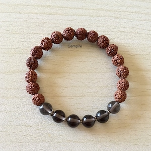 Rudraksha Bracelet - Smoky Quartz Bracelet 8 mm, Rudraksha Stacking bracelet, Grey Gemstone beaded bracelet, Yoga Spiritual Bracelet India