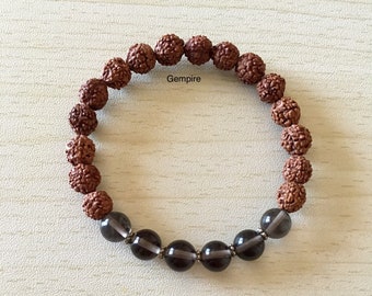 Rudraksha Bracelet - Smoky Quartz Bracelet 8 mm, Rudraksha Stacking bracelet, Grey Gemstone beaded bracelet, Yoga Spiritual Bracelet India