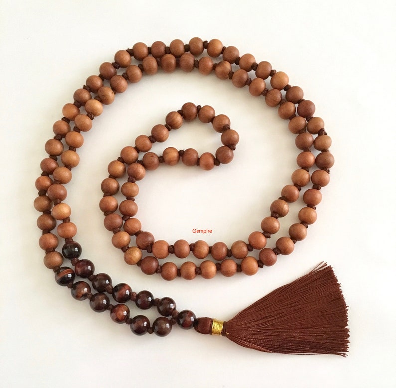 108 Sandalwood Rosary Sandalwood Buddhist Mala Prayer Beads Red Tigers Eye Mala Necklace 8 mm Japa Mala Beads 108 Sandalwood Mala