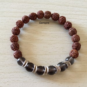 Rudraksha Bracelet - Smoky Quartz Bracelet 8 mm, Rudraksha Stacking bracelet, Healing bracelet Root Chakra Yoga Spiritual Bracelet Gift him