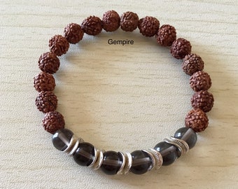 Rudraksha Bracelet - Smoky Quartz Bracelet 8 mm, Rudraksha Stacking bracelet, Healing bracelet Root Chakra Yoga Spiritual Bracelet Gift him