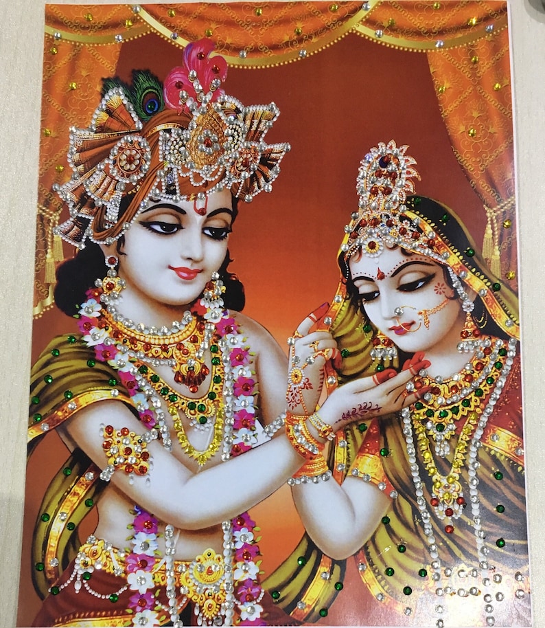 Radha Krishna Poster Print Decorated With Rhinestones 11.7 X Etsy