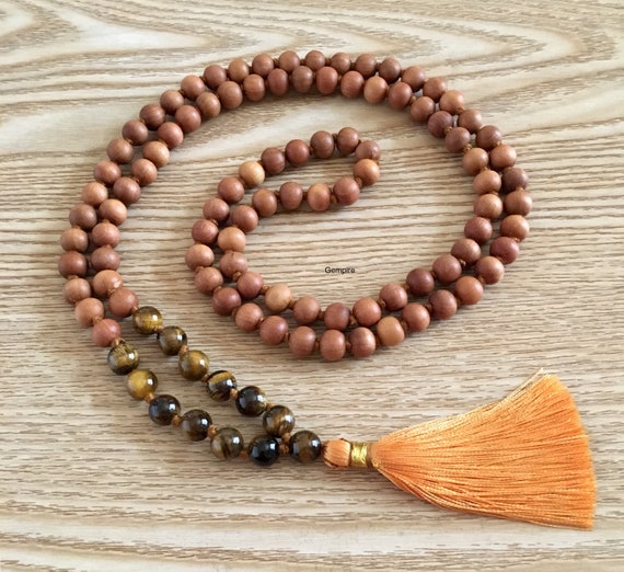 108 Sandalwood Rosary Sandalwood Buddhist Mala Prayer Beads Red Tigers Eye Mala Necklace 8 mm Japa Mala Beads 108 Sandalwood Mala