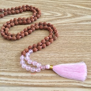 Rudraksha - Rose Quartz Mala Necklace, Knotted Rudraksha Mala, 108+1 Prayer Beads Mala, Rose Quartz Necklace Japa Mala, Heart Chakra Mala
