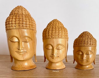 Buddha Head Statue 3"/4"/5"  Wood Buddha Statue, Meditation Buddha Decor, Buddhism Gift Home Desk Decor, Zen Feng Shui Buddah Figurine Idol
