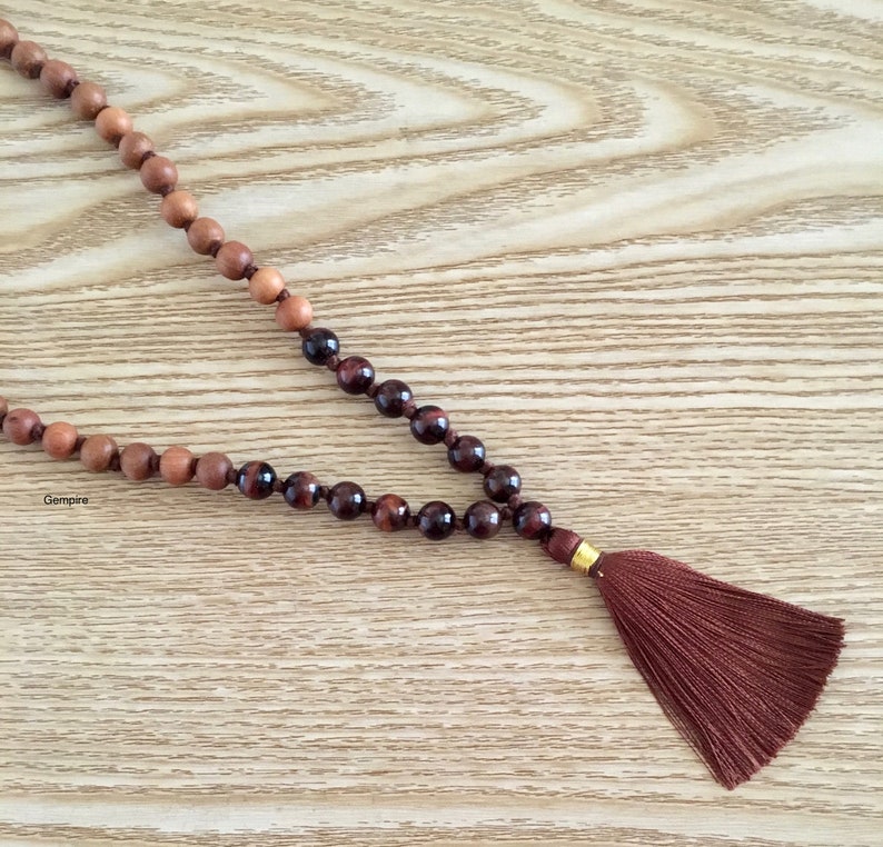 108 Sandalwood Rosary Sandalwood Buddhist Mala Prayer Beads Red Tigers Eye Mala Necklace 8 mm Japa Mala Beads 108 Sandalwood Mala