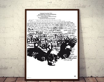 Polish Movie Poster BIRDS 23x32 Hitchcock, different Bronislaw Zelek art of winged skull. 1965/2021 NEW!