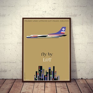 Cartel publicitario polaco fly by LOT Polish Airlines oro metálico 1962/2022 Ilustraciones de Hilscher