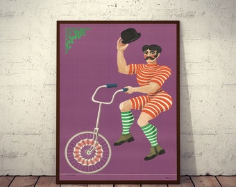 Puede incluir: Un cartel de circo vintage con un hombre con un traje a rayas montando un monociclo con una rueda grande, rosa y blanca. Lleva un sombrero de copa negro y tiene bigote. El cartel tiene un fondo morado con texto verde.