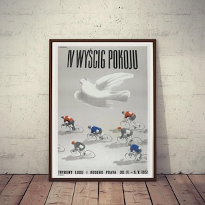 Cartel de ciclismo vintage polaco IV Carrera Internacional por la Paz Berlín-Praga-Varsovia. ¡Ilustración de T. Trepkowski! Edición limitada 1951/2025