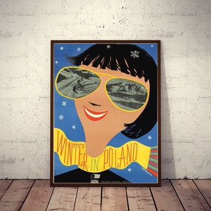 ORBIS Invierno en Polonia Oficina de viajes de Polonia Póster turístico Hermosa mujer con gafas de sol 1956/2022 NUEVO
