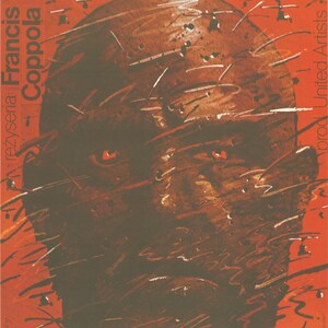 May include: A vintage movie poster for the film "Apocalypse Now" featuring a close-up of a man's face with red eyes. The poster is in Polish and features the text "Film produkcji USA czas apokalipsy" and "w rolach gł&oacute;wnych: Marlon Brando, Robert Duvall, Martin Sheen".