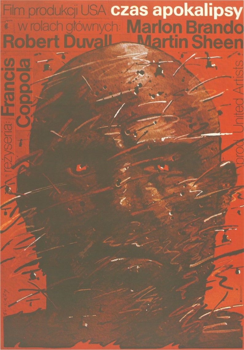 May include: A vintage movie poster for the film "Apocalypse Now" featuring a close-up of a man's face with red eyes. The poster is in Polish and features the text "Film produkcji USA czas apokalipsy" and "w rolach gł&oacute;wnych: Marlon Brando, Robert Duvall, Martin Sheen".