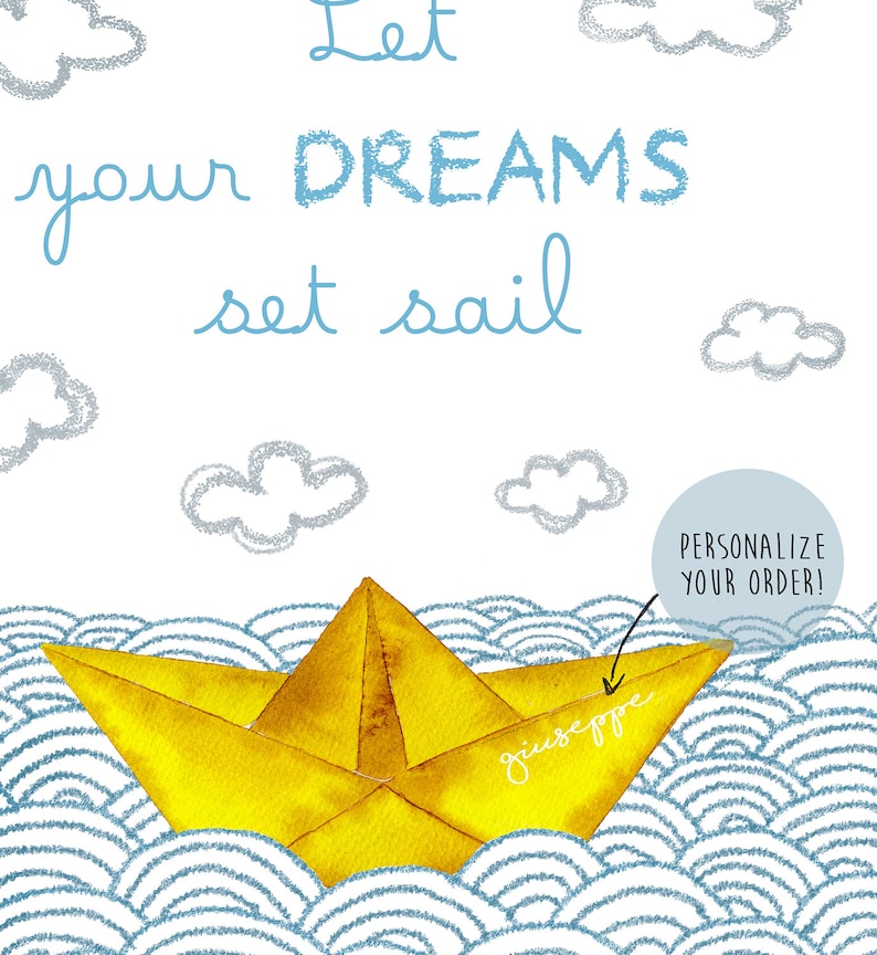 PRINTABLE Custom PAPER BOAT waves with quote and name for baby.Nursery decor,newborn gift,baby shower,boy room,illustration child,customized