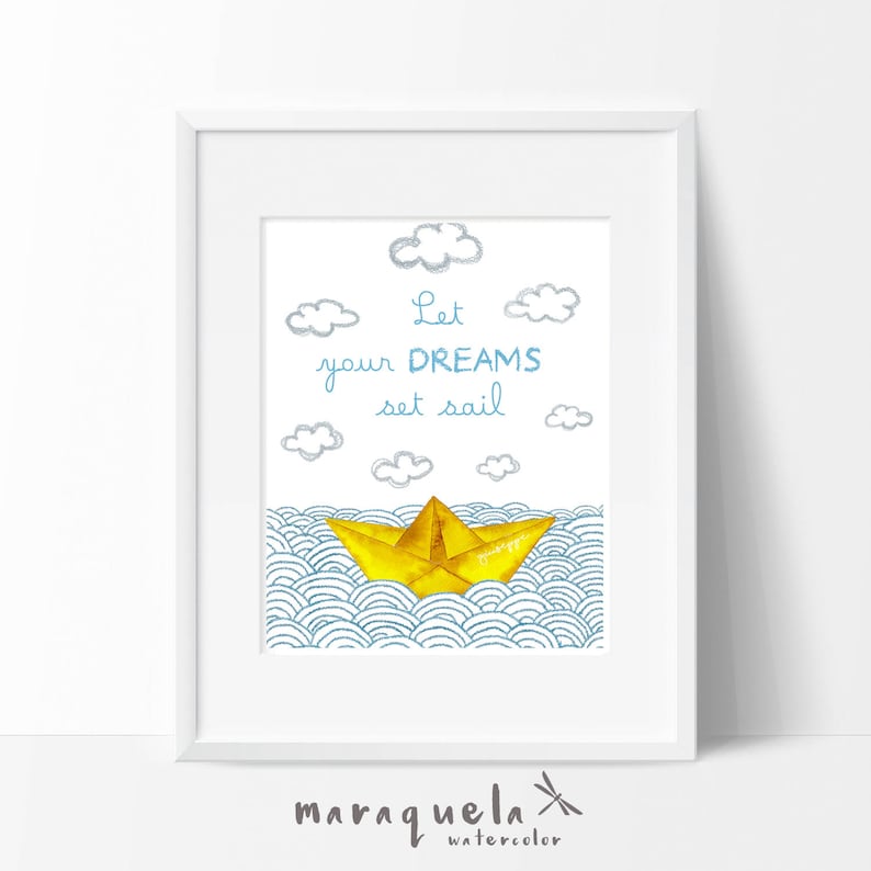 PRINTABLE Custom PAPER BOAT waves with quote and name for baby.Nursery decor,newborn gift,baby shower,boy room,illustration child,customized