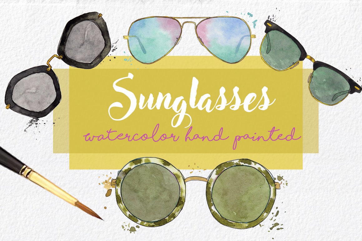 Watercolor Sunglasses Hand Painted ClipArt Collection. Clip art Summer, sun, fashion, funny, beach, illustration, instant download, design