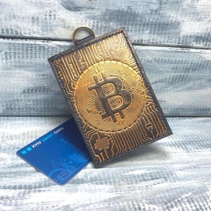 Halloween Leather ID Card Holder &#39;Bitcoin&#39;/Badge holder/ID Holder metro card/Leather Card Holder/Leather ID /Vertical leather Badge Holder