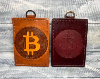 Portatarjetas de identificación de cuero repujado, portatarjetas de cuero con la inscripción "Bitcoin".