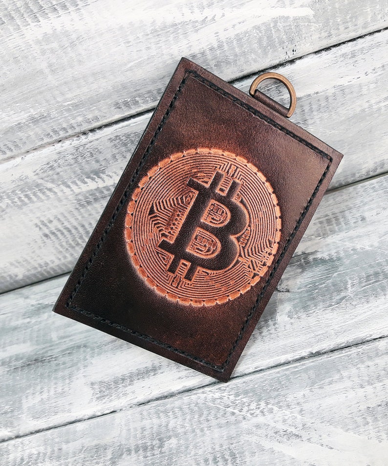 Leather card holder /'Bitcoin/' leather card case credit card holder ID Badge Holder ID card holder id wallet travel pass holder Blu Scuro