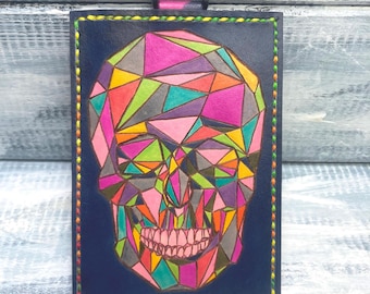 Tarjetero de identificación de cuero repujado, portatarjetas con calavera geométrica