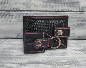 Mini billetera de cuero con llavero, billetera delgada con relieve