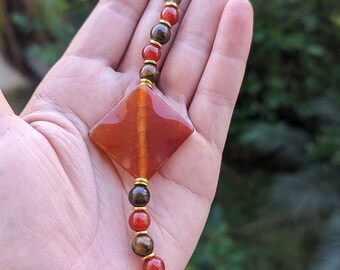 Carnelian Crystal Pendant w/ Red Jasper & Tigers Eye Beads. Gold accents