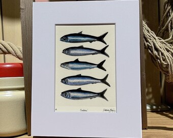 Watercolor Sardine Print, Blue Fish Nautical Art