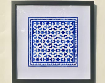 Blue Moroccan Tile Print, Watercolor print matted