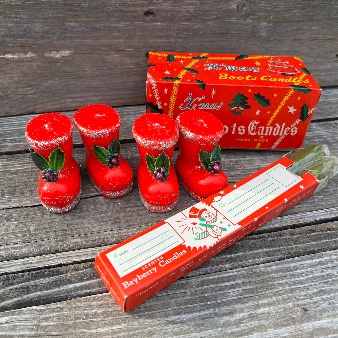 Vintage Set of Four Boot Candles in Original Box & Bonus Set of