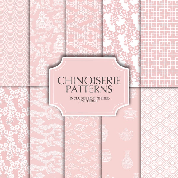 papier numérique Chinoiserie, motifs chinois, papier rose et blanc, porcelaine rose, oriental,Chinoiserie Chic Digital Paper Pack