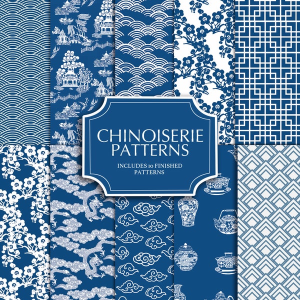 papier numérique Chinoiserie, motifs chinois, papier bleu et blanc, porcelaine bleue, oriental,Chinoiserie Chic Digital Paper Pack