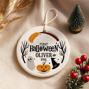 Baby’s First Halloween Ceramic Ornament – Personalized Keepsake for Newborn, Fall Nursery Decoration, Custom Pumpkin & Ghost Memory Gift