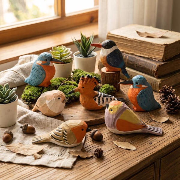 Handgeschnitzte hölzerne Vogelfigur, handgemachtes Naturvogeldekor mit Holzsockel, bedeutungsvolles Geschenk für Vogelliebhaber, gemütliche Hauptregalkunst
