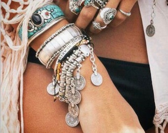 Pulsera bereber 2 filas con monedas / Joyería bohemia étnica gitana Boho