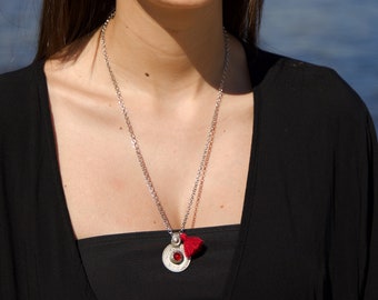 Collana Nomad Mood #10 Moneta Antica con Cabochon in Vetro Sfaccettato Rosso e 1 Pompom / Boho Ethnic Boho Jewelry