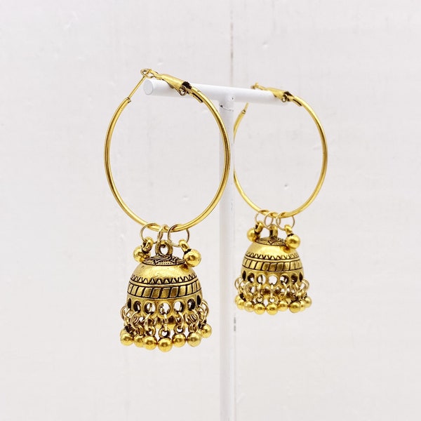 Gold Jhumka hoop earrings with antique finish / Boho ethnic bohemian jewelry