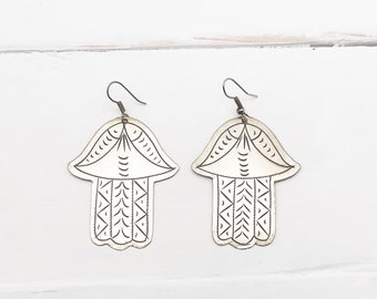 Pendientes grandes de mano protectora Hamsa en plata real / Joyería bohemia étnica Boho