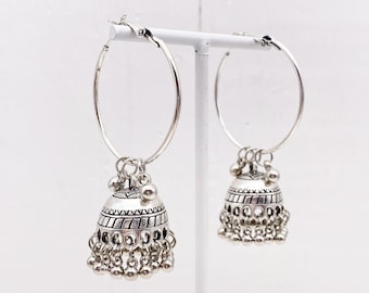 Boucles d'oreilles créoles Jhumka argent finition antique / Bijou Bohème ethnique boho