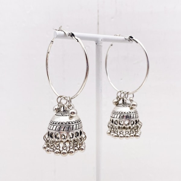 Jhumka silver hoop earrings with antique finish / Boho ethnic bohemian jewelry