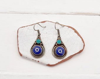Boucles d'oreilles oeil protecteur en argent et pierre véritable - Lapis Lazuli et turquoise / Bijoux bohème ethnique boho